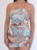 MULTI-COLOR HALTER NECK ABSTRACT OPEN BACK DRESS