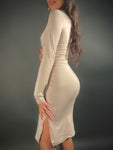 BEIGE LONG SLEEVE DRESS WITH A SMALL SLIT